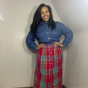 Vintage Red Plaid Denim Long Sleeve Maxi Dress Country Southern Preppy Modest